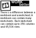 Text Box:  
There is a difference between a workbook and a worksheet. A workbook can contain many worksheets. Each worksheet can contain up to 256 columns and 65,536 rows.

